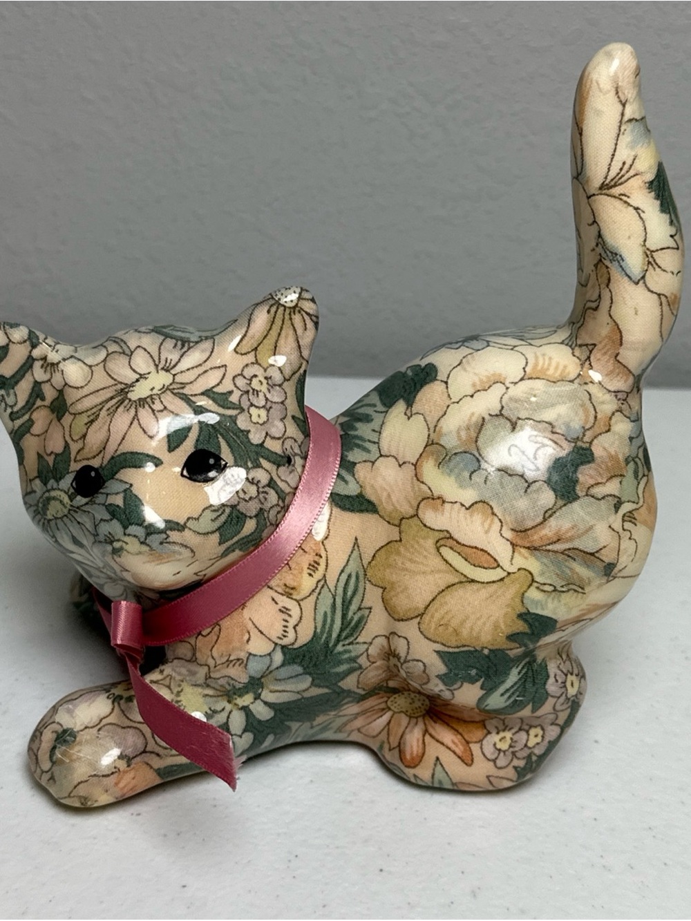Vintage Floral Decoupage Cat Figurine with Pink Ribbon Accent